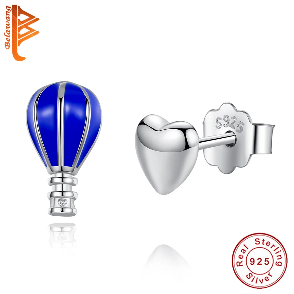 Romantic 925 Sterling Silver Blue Hot Air Balloon &amp Heart Stud Earrings for Women Girlfriend Party Valentines Day Jewelry Gift |