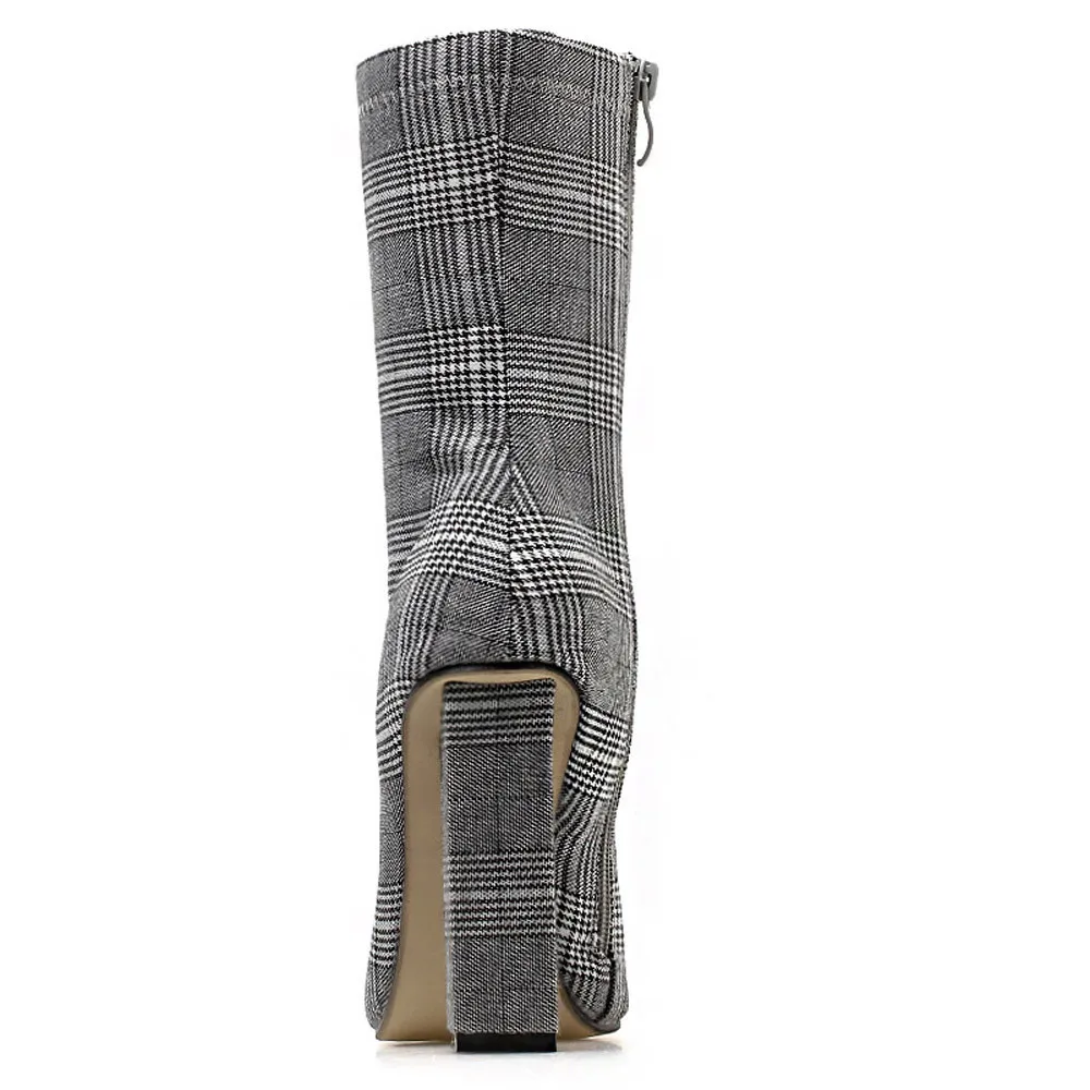 Ботинки в клеточку в европейском стиле; женская пикантная обувь на молнии с острым носком; ботинки на толстом высоком каблуке; вечерние зимние ботинки; женская обувь; botas mujer