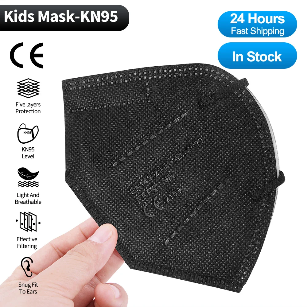 Máscara de niño Kn95, mascarilla facial reutilizable Fpp2, para niños, niñas y estudiantes, color negro