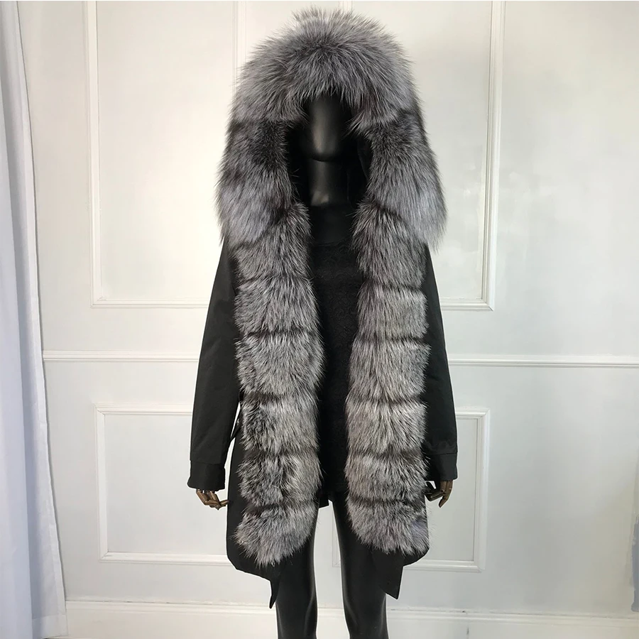 

real natural fox fur coat jacket parka with fox fur big large fox fur collar rabbit fur liner thick warm new waterproof