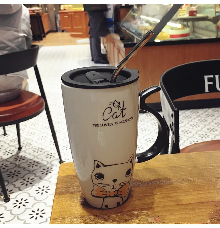 Мультяшная кошка, милая чашка для воды, керамическая кружка для офиса, оригинальная пара, 600 мл, чашка для молока и кофе, ложка с крышкой