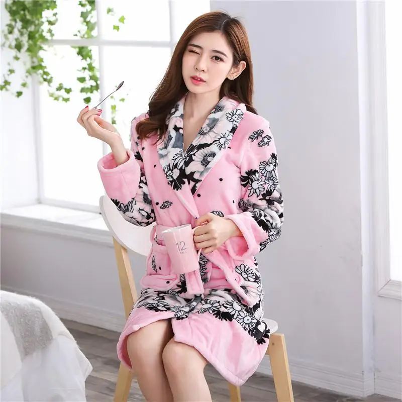 Изысканный цветок розовый женская зимняя Пижама Халат-кимоно теплая фланелевая Ночная Рубашка домашняя мягкая ночная рубашка размера плюс - Цвет: Pink6
