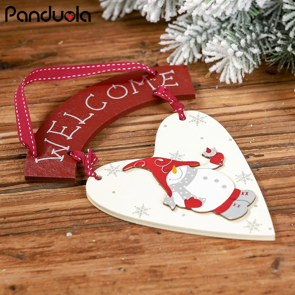 

Wooden Heart-Shaped Lovely Mini Snowman Welcomes Sign Pendant Sign Creative Ornament Christmas Tree Hanging Xmas