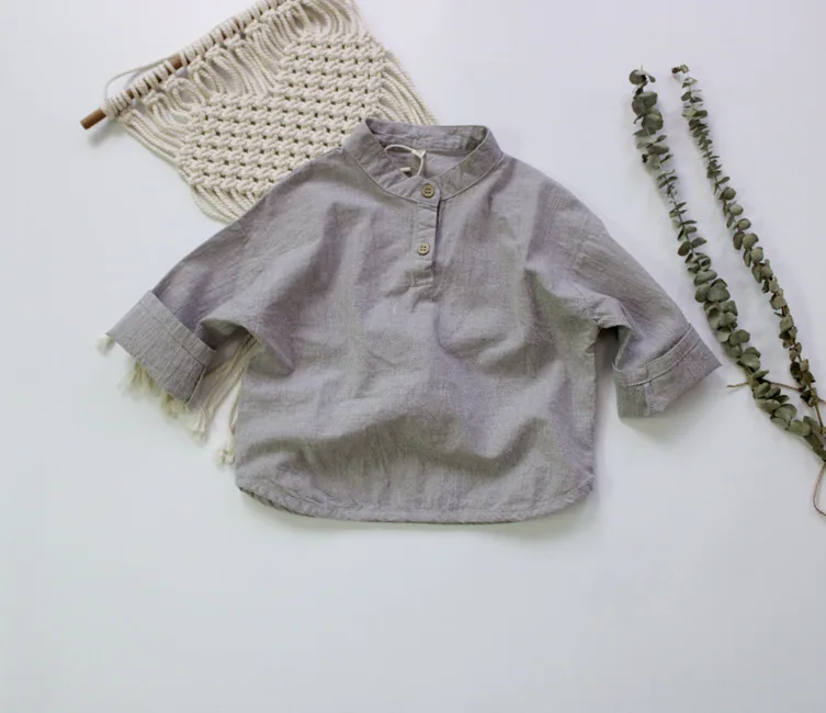 New Autumn Baby Boys Cotton Linen Shirts Pure Color Korean Style Children Shirts Stand-up Collar Kids Long Sleeve Tops boys long sleeve shirts