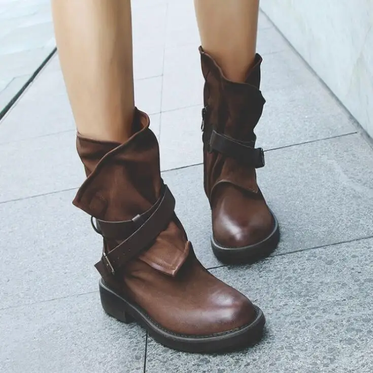 

2019 Women Fashion Vintage Mid Calf Boots Soft Leather Shoes Female Autumn Winter Motorcycle Boots Comfortable Women Botas