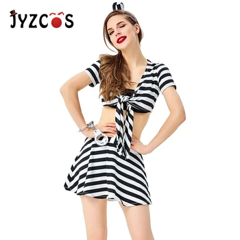 

JYZCOS Women Sexy Cosplay Prisoner Costume Split Culottes Ladies Prison Uniform Dress Miniskirt Stripe Chestwrap Outfit