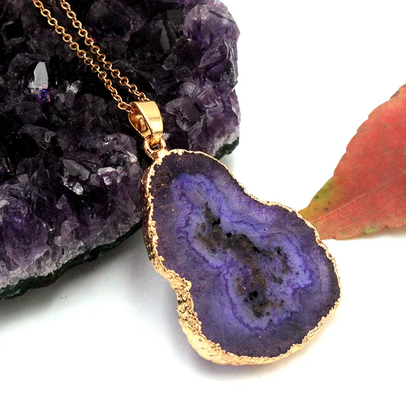 Модные ожерелья с кулоном из природного камня друзы для женщин золотого цвета геометрические Необычные ожерелья ювелирные изделия Прямая