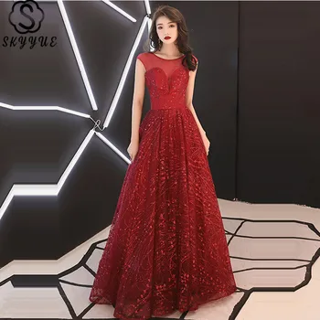

Skyyue Eveing Gown O-Neck Sleeveless A-Line Robe De Soiree Floor-Length Sequined Plus Size Cut-out Evening Dresses E1068