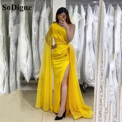 SoDigne Gold Mermaid Prom Dress Sexy Side Slit Glitter Sequined Formal Dubai Arabic One Shoulder Evening Party Gowns