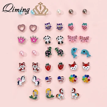 

20pairs Lovely Baby Kids Children Earrings Unicorn Mermaid Pearl Crystal Crown Statement Jewelry Stud Earrings Set Birthday Gift