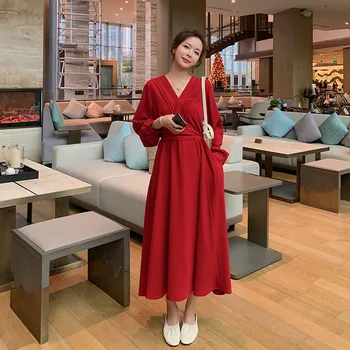 

French Red V-neck Dress Female Mid-length 2020 Autumn New Style Loose Waist Hugging zhang xiu qun Base A- line Skirt