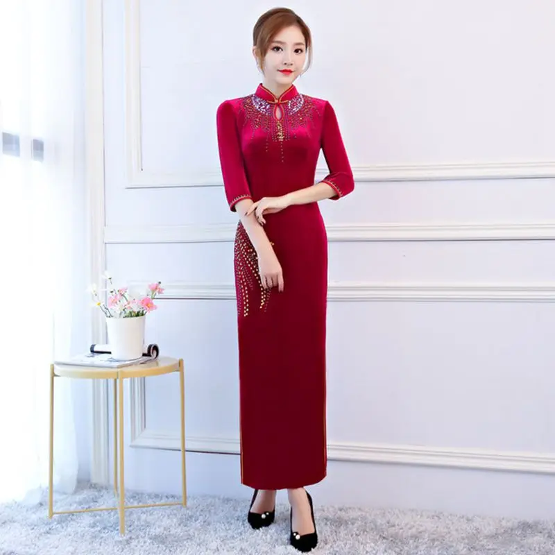 Китайский стиль длинный Cheongsam ручной работы из бисера cheongsam велюр Cheongsam шоу церемониальное Ципао тонкий Cheongsam ретро платье