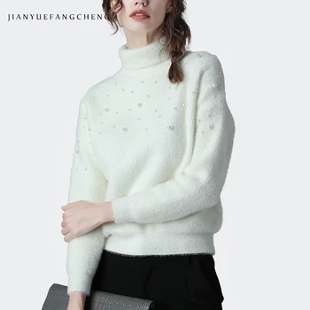 

White Pullovers Women New 2019 Winter Korean Fashion Ladies Plus Size Warm Thicken Water-like Velvet Beading High Neck Sweaters