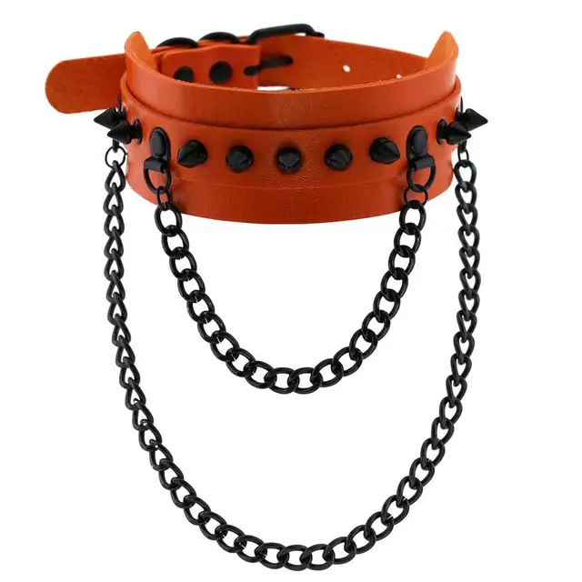 Gothic  Spike Choker Chain Collar Gothic Fashion Rivet black Leather Chokers Harajuku Grunge Goth necklace girls witch cosplay orange