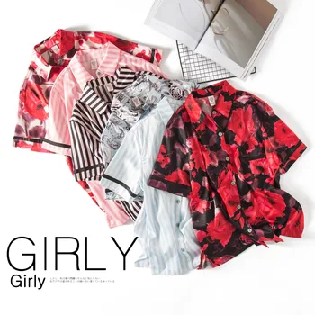 

HaloSweet 2020 New Summer Striped Pajamas High Quality Short Sleeves Sleepwear Pyjama Femme Two Pieces Flower Pj Set Homewear