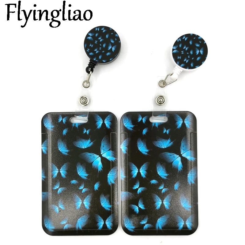 цена Blue Monarch butterfly Fashion Women Card Holder Lanyard Colorful Retractable Badge Reel Nurse Doctor Student Exhibition ID Card
