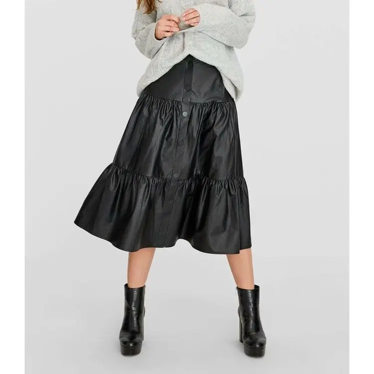 

2020 Spring-Style High-waisted Single Breasted Pleated Joint Flounced Mid-length Skirt