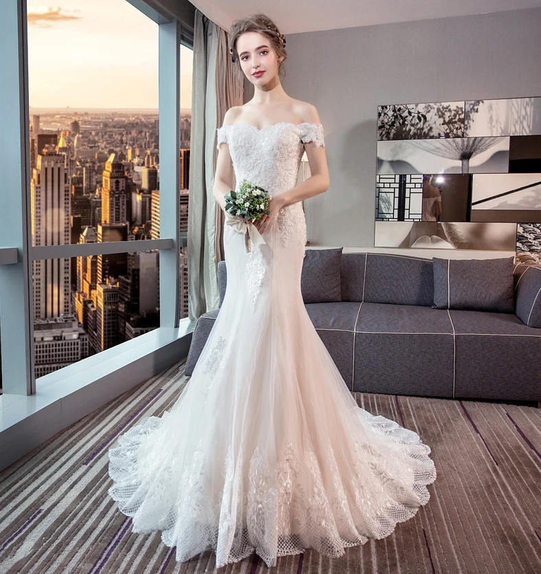 Robe de mariee легкий кремовый цвет кружева с аппликацией и юбкой-годе свадебное платье с плеча бисера Свадебные платья Abiti da sposa