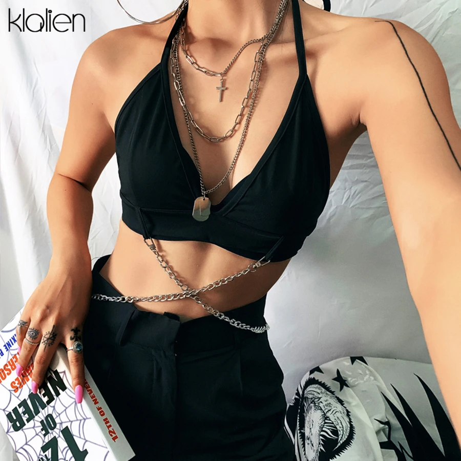 KLALIEN Лето Панк декоративная металлическая цепь короткий топ женский камзол модные сексуальные Клубные вечерние безрукавки
