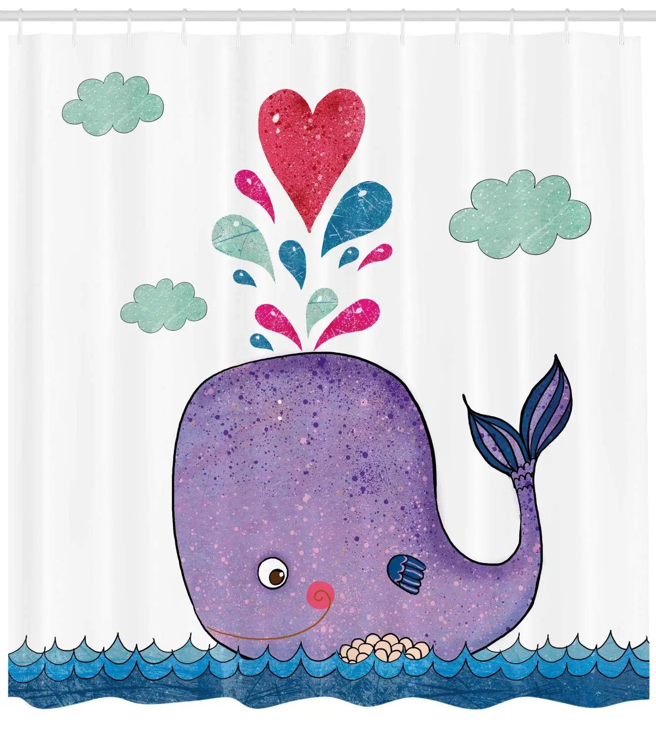 Занавеска для душа с изображением Кита, смайлика, Кита, мотив с сердечками и облаками, принт на море, ткань, набор для декора ванной комнаты с крючками, длина 70"