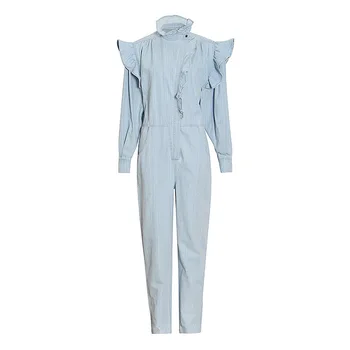 

HIGH QUALITY Newest Fashion Runway 2020 Designer Jumpsuit Women's Stand Collar Long sleeve Ruffles Denim Jumpsuit