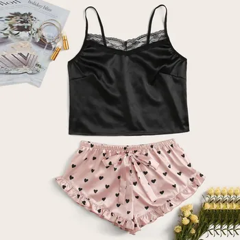 

New Women Sexy Lace Satin Printing Underwear Set Solid Wireless Sleeveless Bra Camisole Pajamas Sleepwear Lingerie Shorts Sett