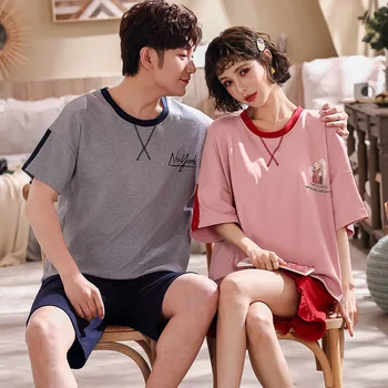 

Summer Korean Couple Pajamas Short-Sleeved Tops and Shorts Cotton Pajama Set Cool Casual Suit Homewear Women Men Pajamas Couple