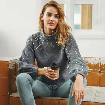 

2019 Autumn Winter New Fashion Round Neck Loose Casual Sweaters Women's Short Fashion Beading Lantern Sleeves Knitted Pullovers