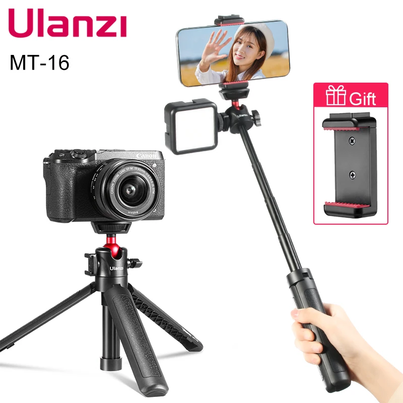 Ulanzi MT-16 Vlog 삼각대 전화 Gopro DSLR Selfie 스틱 확장 360 ° 볼 헤드 콜드 슈 마이크 LED 라이트 MT-08 업그레이드