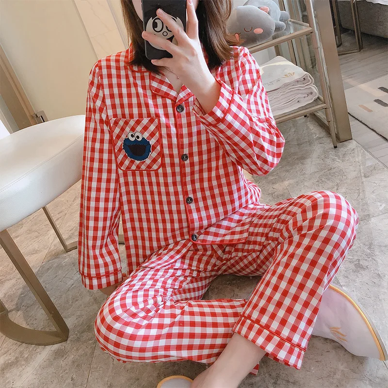 

Pajamas Women's Spring Long Sleeve Thin Tatting Pure Cotton Plaid Cute Cartoon Sesame Street INS Online Celebrity Home Wear