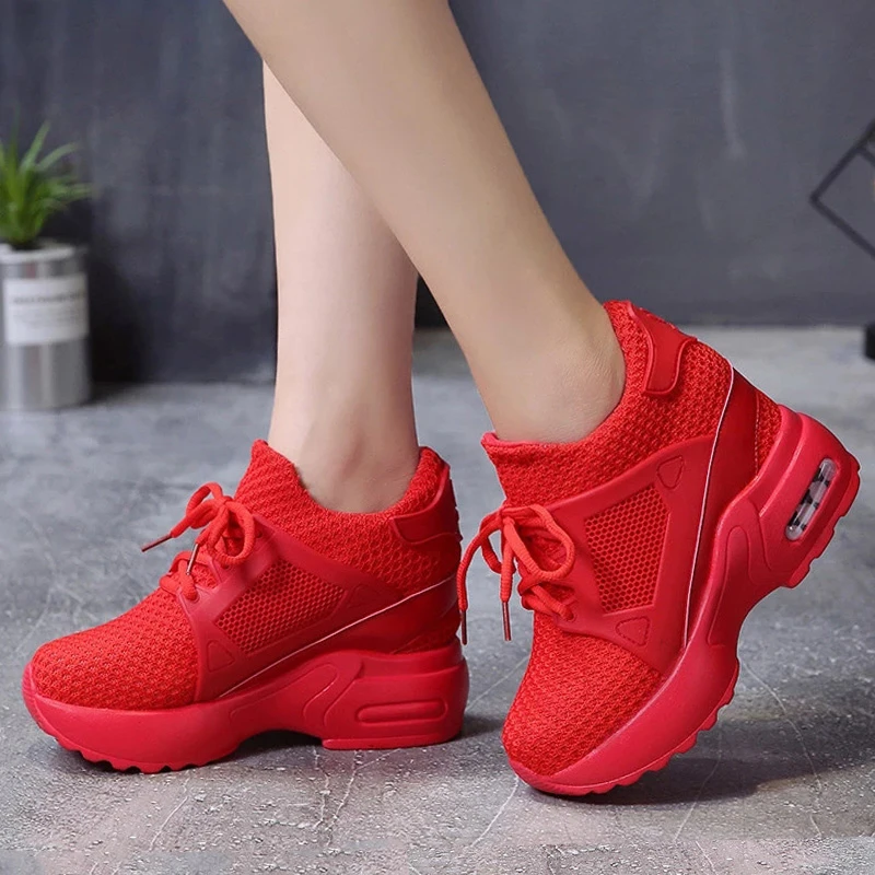 all red platform sneakers