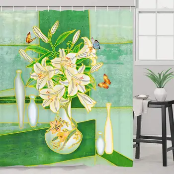 

Flower Bath Curtain Sets with 12 Hooks Decorative Waterproof Yellow Lily