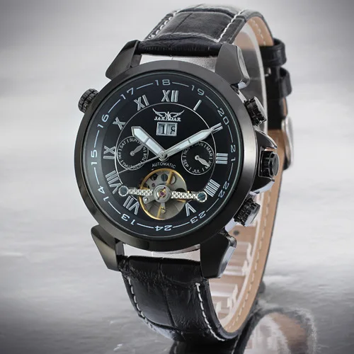 Ceny Moda JARAGAR męska marka zegarki data skóra Tourbillon koło zamachowe Auto mechaniczne mężczyźni Watche zegarek pudełko