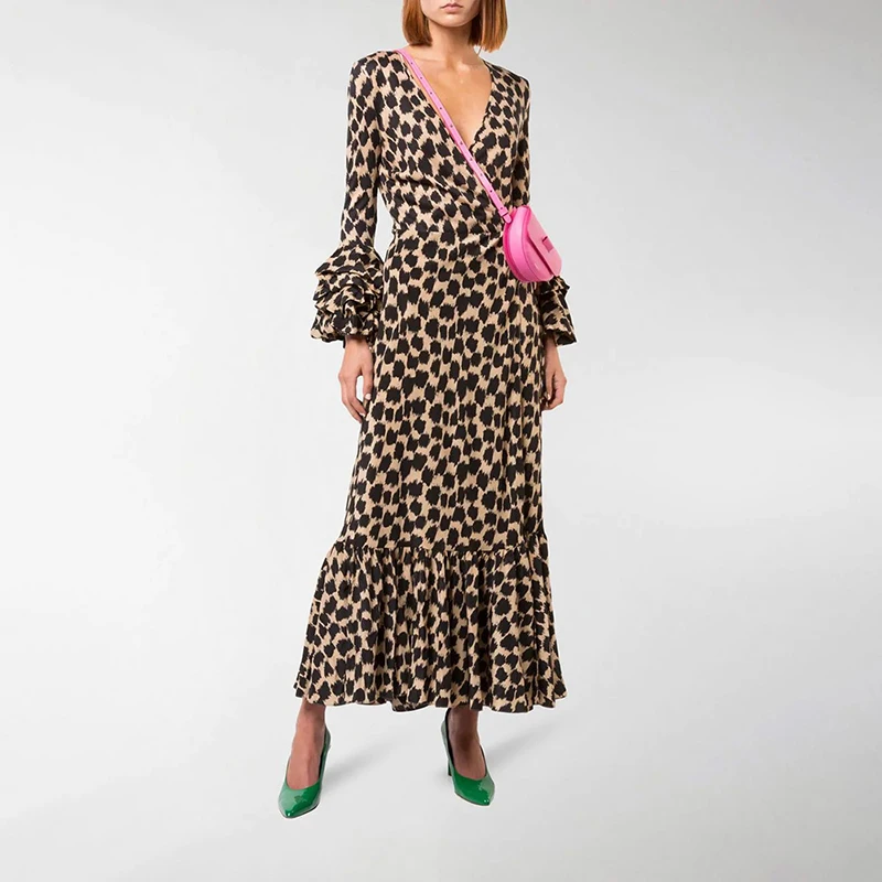 CHICEVER, винтажное леопардовое женское платье, v-образный вырез, рукав-фонарик, высокая талия, повседневные платья макси для женщин,, осенняя мода