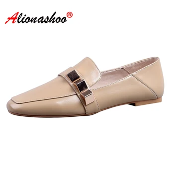 

Women Loafers Genuine Leather Flat Shoes Women Metal Decoration Dress Shoes For Women Round Toe Slip-on Solid Shoes Ladies 34-39