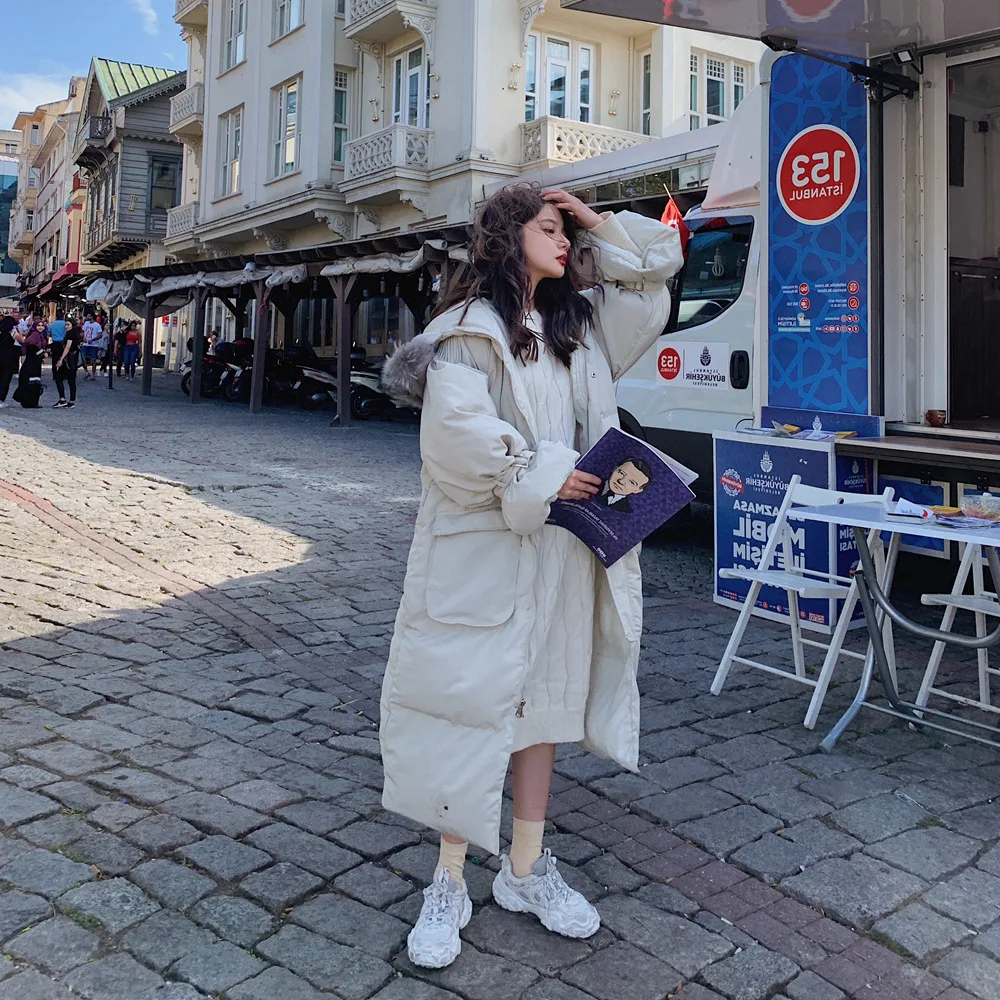 

Photo Shoot Large Pocket And Ankle Long Cotton Coat 2019 Winter New Style Retro Laziness-Style Large Fur Collar Cotton Overcoat
