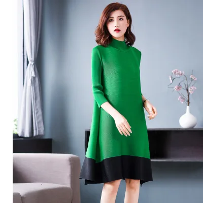 turtleneckgreen MEVGOHOT лоскутное женское повседневное свободное плиссированное платье размера плюс средней длины с высоким воротом свободное элегантное женское платье HD2707 - Цвет: turtleneckgreen
