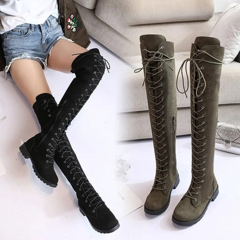

Winter Over-the-knee Boots Women Low Heel Thigh High Boots Platform Lace-up Mujer Booties Ladies Shoes Plus Size 35-43 AEZLZ145