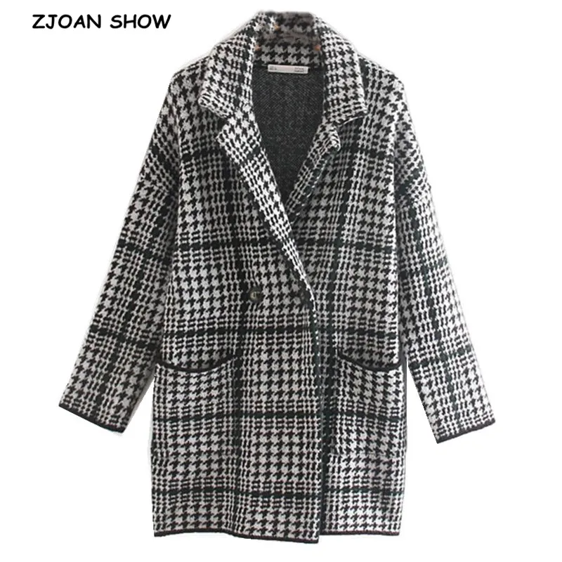 

2019 New Women Vintage Check Gingham Plaid Cardigan Kitting Sweater Long sleeve Knitwear Retro Mid Long Jumper kleding Coffee