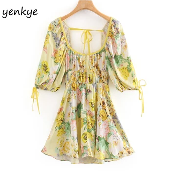 

Multicolor Floral Print Mini Dress Women Sexy Lace Up Square Neck Lantern Sleeve A-line Summer Party Dress Short robe femme