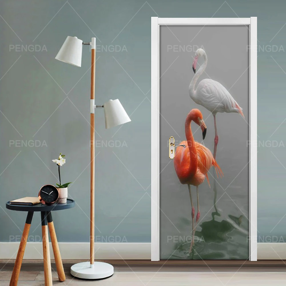 Печать Искусство 3D обновление двери наклейки Фламинго с животными из ПВХ обои домашний Декор Картина самоклеющиеся водоотталкивающие обои спальня