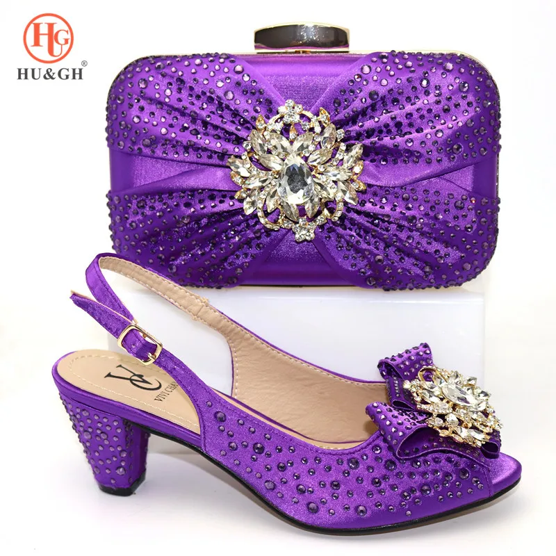 

African Pu Leather Ladies Matching Shoe and Bag Nigerian Shoes and Bags Set for Party Women Shoe and Bag To Match in Purple
