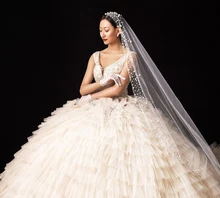 Handmade Romantic Wedding Veil Bridal Veil Long Cathedral Wedding Veil with Pearl Beading Hat Single Layer Veils