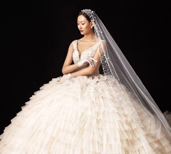 Handmade Romantic Wedding Veil Bridal Veil Long Cathedral Wedding Veil with Pearl Beading Hat Single Layer Veils