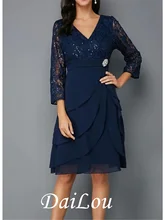 A-Line Mother of the Bride Dress Plus Size V Neck Knee Length Chiffon Lace 3/4 Length Sleeve with Sash / Ribbon Crystals Beading