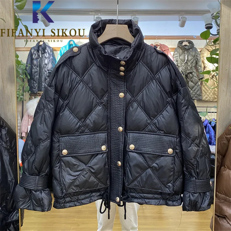 

Женский пуховик с большими карманами, черная короткая Парка свободного покроя из хлопка, новинка зимнего сезона 2021