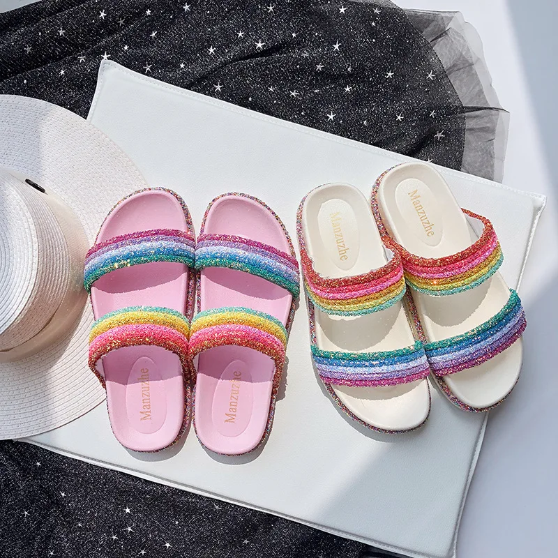 

Factory Price Genuine Product Fashion Casual Versatile Slippers Korean-style Rainbow Sequin Female Slippers Outer Wear Beach San