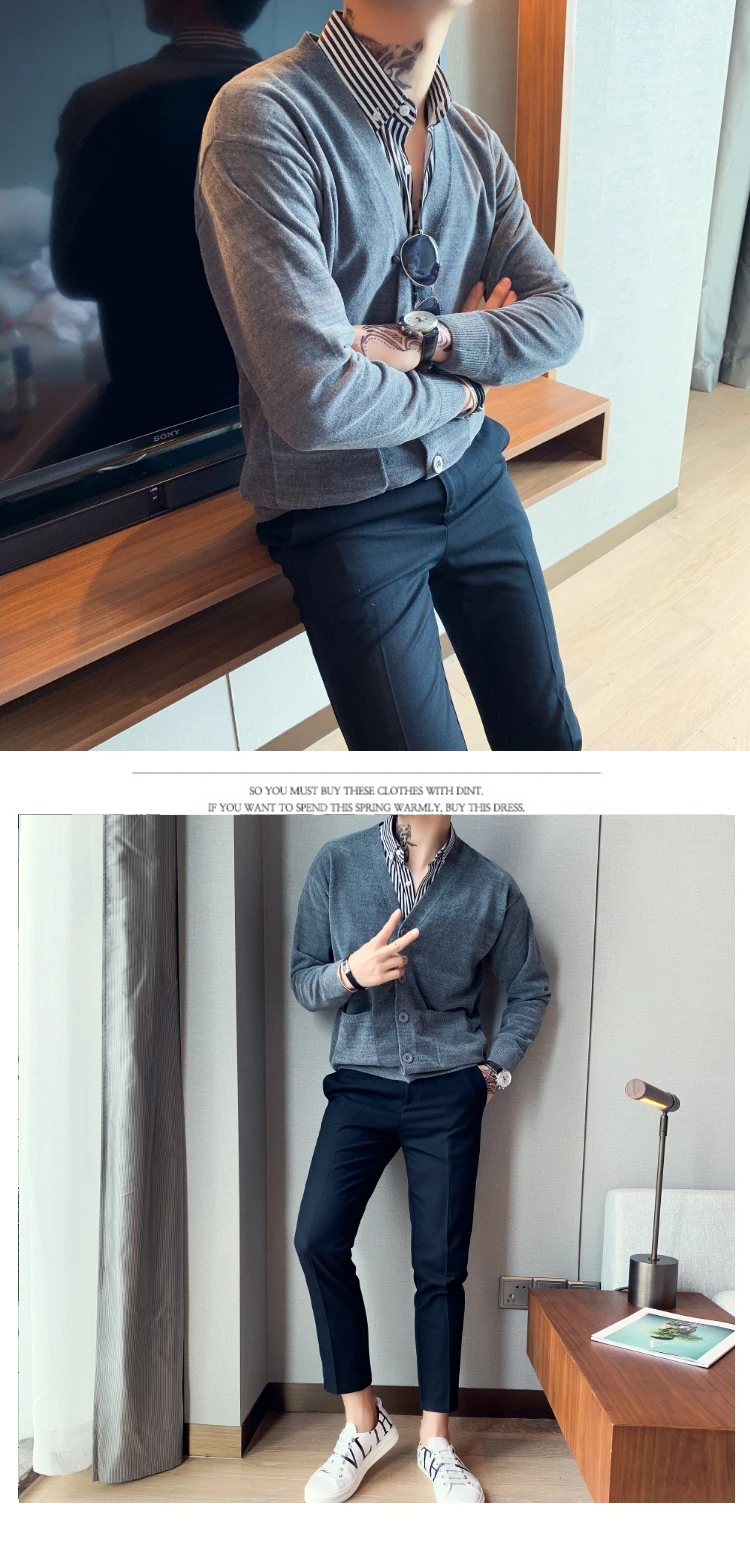 Мода Pull Homme мужской кардиган с длинными рукавами высокого качества с v-образным вырезом Мужской Повседневный свитер свободные свитера из шенили мужские