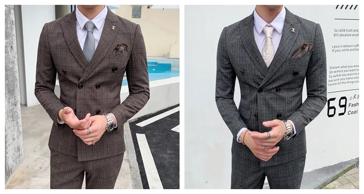 Мужской s Slim Fit двубортный костюм черный серый 3 шт смокинг джентльмена свадебный костюм для жениха деловые костюмы для мужчин Q871