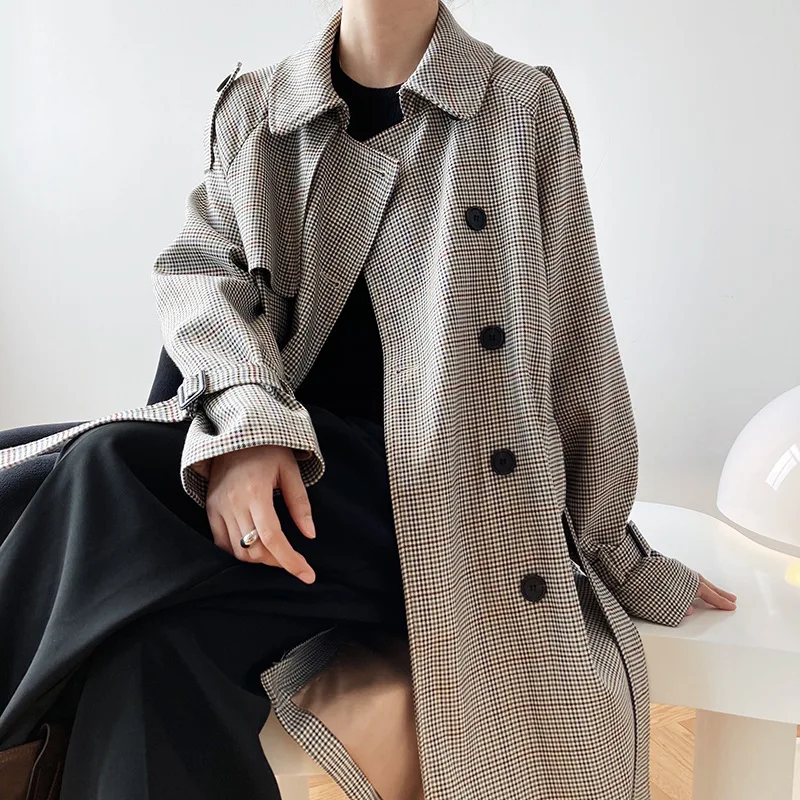 Mooirue Houndstooth Plaid Mid-length Trench Coat For Women Over Knee Autumn Winter Double-breasted Long Coat 1.1kg